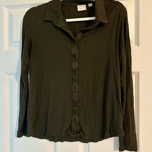 Anthropologie postage stamp Green Relaxed Button Down Shirt with Notched Collar